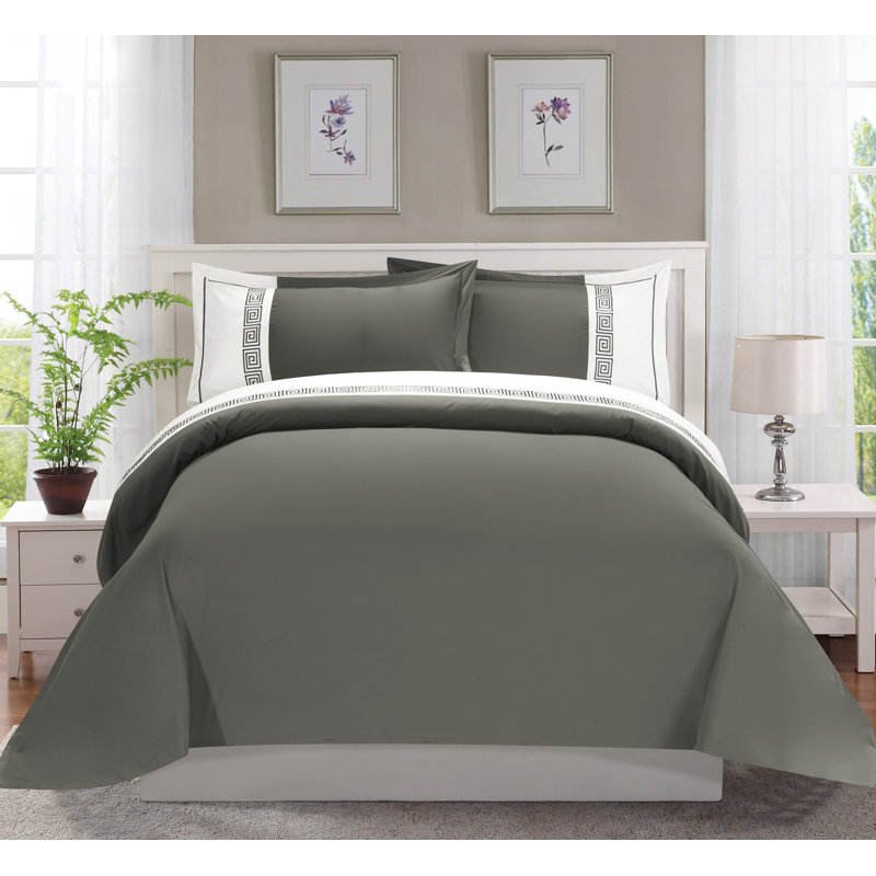  Ensemble de housse de couette réversible Greek, Gris, Housse de couette pour très grand lit et 2 très 