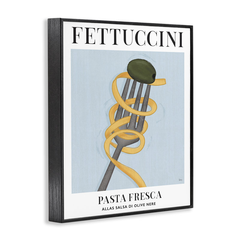 Fettuccini rétro sur fourche, estampe numérique, conception de Véronique Charron, Giclée encadrée noir minuit