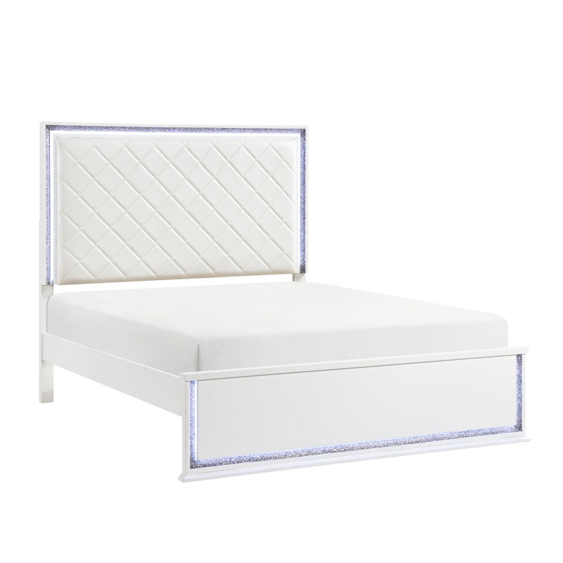 Très grand lit blanc avec tête de lit tapissier à DEL 8 couleurs, lit contemporain et décoration en similicuir