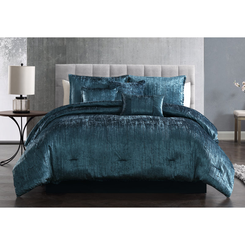 Royal Blue Crinkle Velvet King Comforter Set with Decorative Pillows