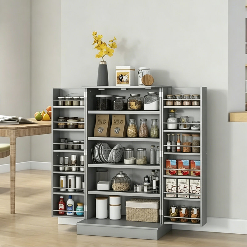 Armoire de rangement de 41 po, 12 tablettes de porte, 12 portes doubles, 5 tablettes réglables, gris papier pour garde-manger pratique, rangement organisé