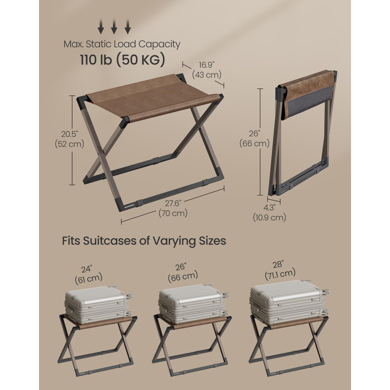 Porte-bagage, porte-valise pliable, porte-bagage en métal, cuir synthétique, facile à assembler, pour chambre d'amis, hôtel, chambre à coucher, brun noyer et noir encre