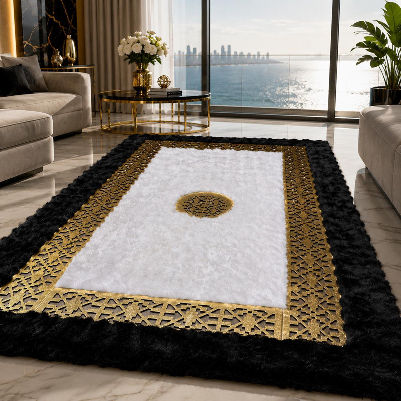 Tapis luxueux en peluche, bordure or ornementale, tapis en fausse fourrure noir et blanc (taille personnalisée), 8 x 10 pi