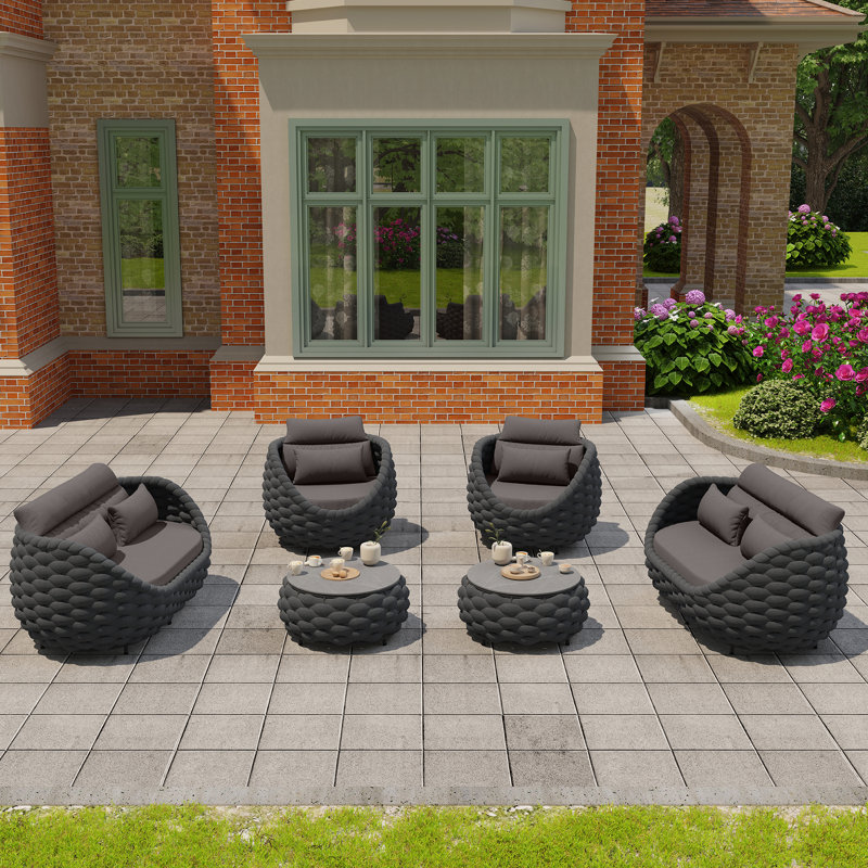 Martje Fully Assembled Altuminum Frame 6 - Person Polyester Rope Outdoor Seating Group with Cushions, Dark Gray