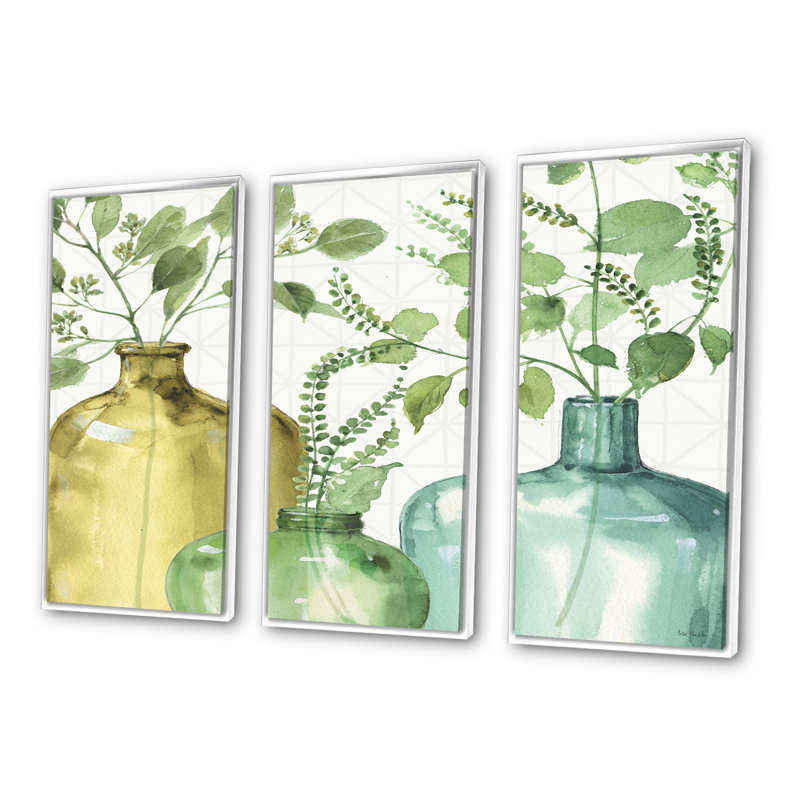 Mixed Botanical Green Leaves, 32" H x 48" W x 1" D, Cadre blanc