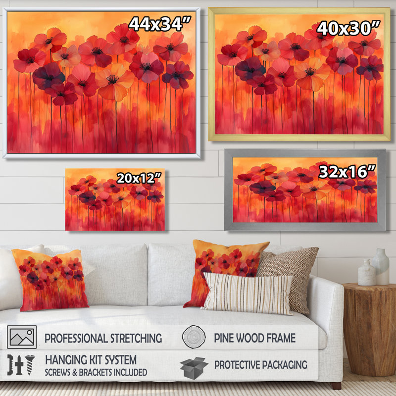 Geraniums en feu dans des nuances ardentes - Impression sur toile, H 34 po x l 44 po, Cadre flottant, Blanc