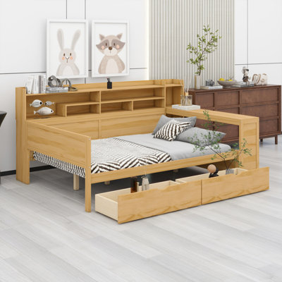 Wooden Daybed With Storage Shelves,Two Storage Drawers And Study Desk by Lark Manor