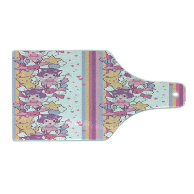 Ambesonne Cartoon Tempered Glass Cutting Board Illustration Cats Clouds Multicolor