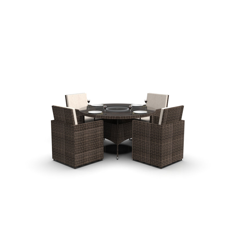 Ensemble repas pour 4 personnes avec table ronde en osier, Beige, Brun