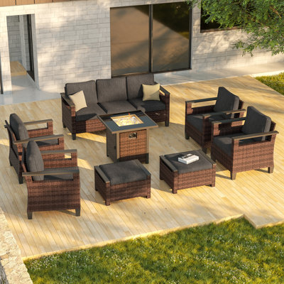 Patio Sofa Set with Ottoman & Square Fire Pit Table, 8 Pieces Outdoor Sectional Sofa Set