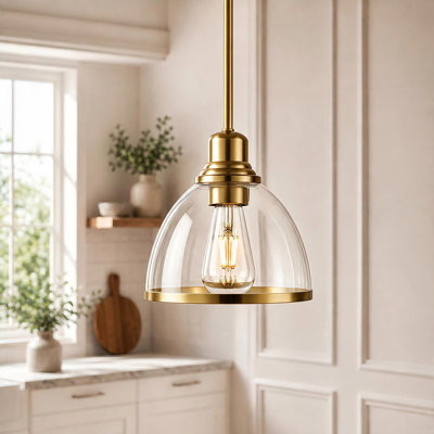 8in 1‑Light Matte Brushed Gold Pendant Light with Clear Glass Shade for Kitchen Island E26 Base