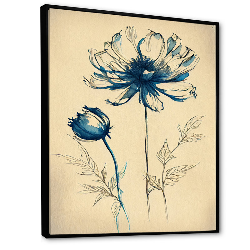 Fleur indigo II - art mural sur toile florale, H 20 po x l 12 po x P 1 po, Toile avec cadre flottant noir