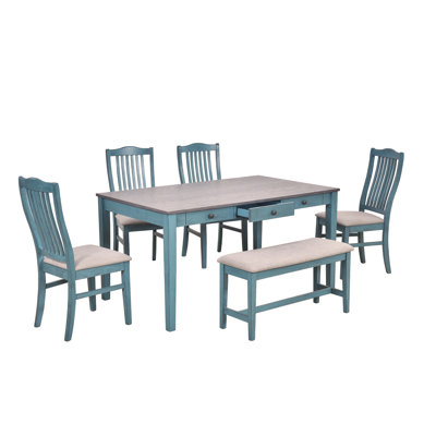 Mid-Century 6-Piece Wood Dining Table Set, Kitchen Table Set with Drawer, Upholstered Chairs and Bench