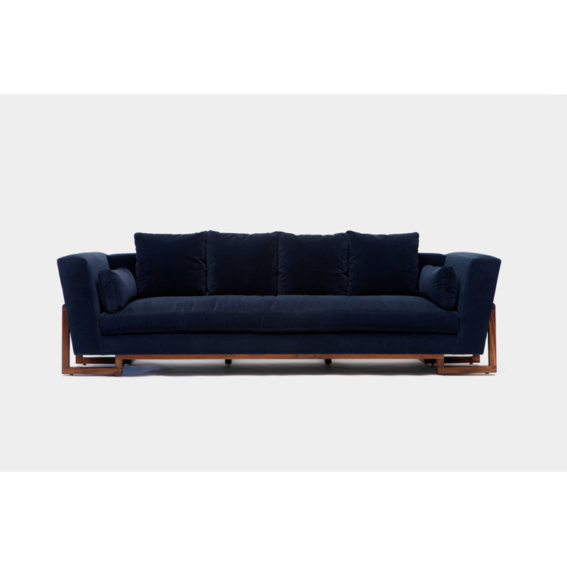 LRG Velvet Sofa, Deep Blue Aged Velvet, No Trays, Walnut