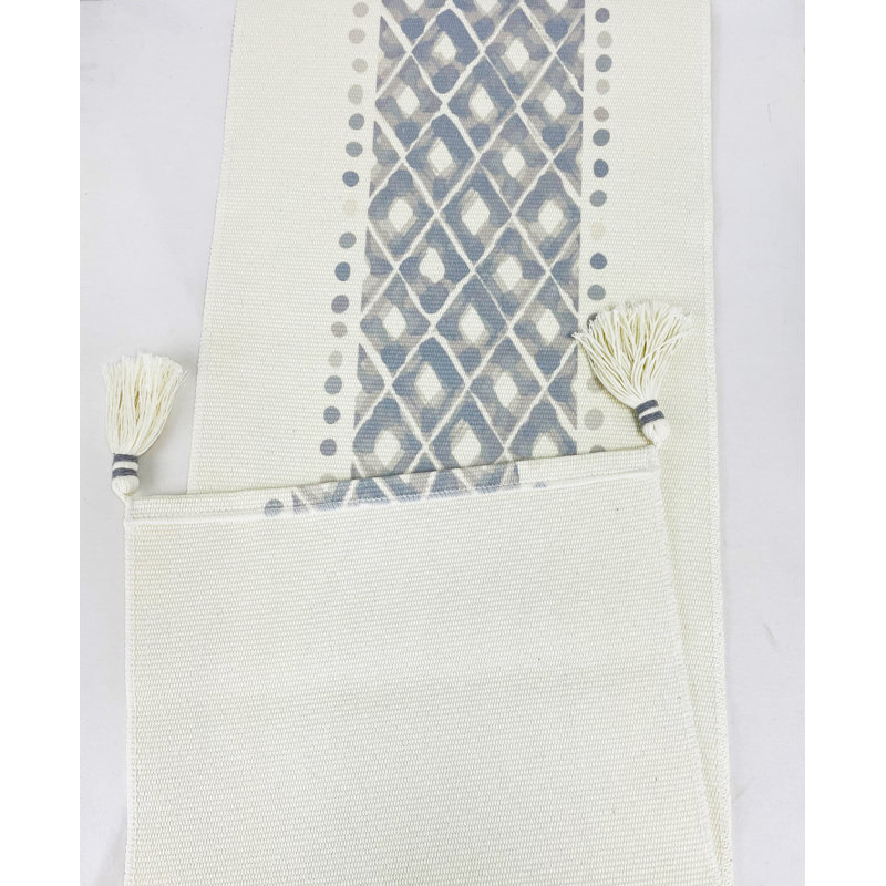 Mauricia Blue-grey Diamond Print Braided Tassel Cotton Table Runner, 71" x 14"