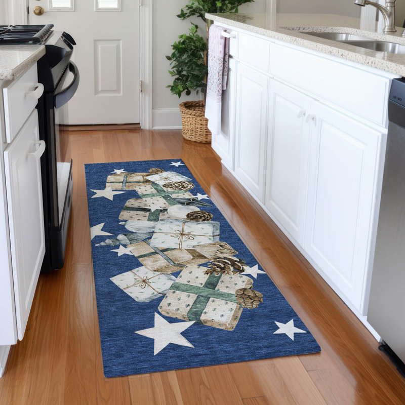 Machine Washable Indoor/Outdoor Christmas Presents Xhevrie Navy Rug, Runner 2'3" x 7'6"