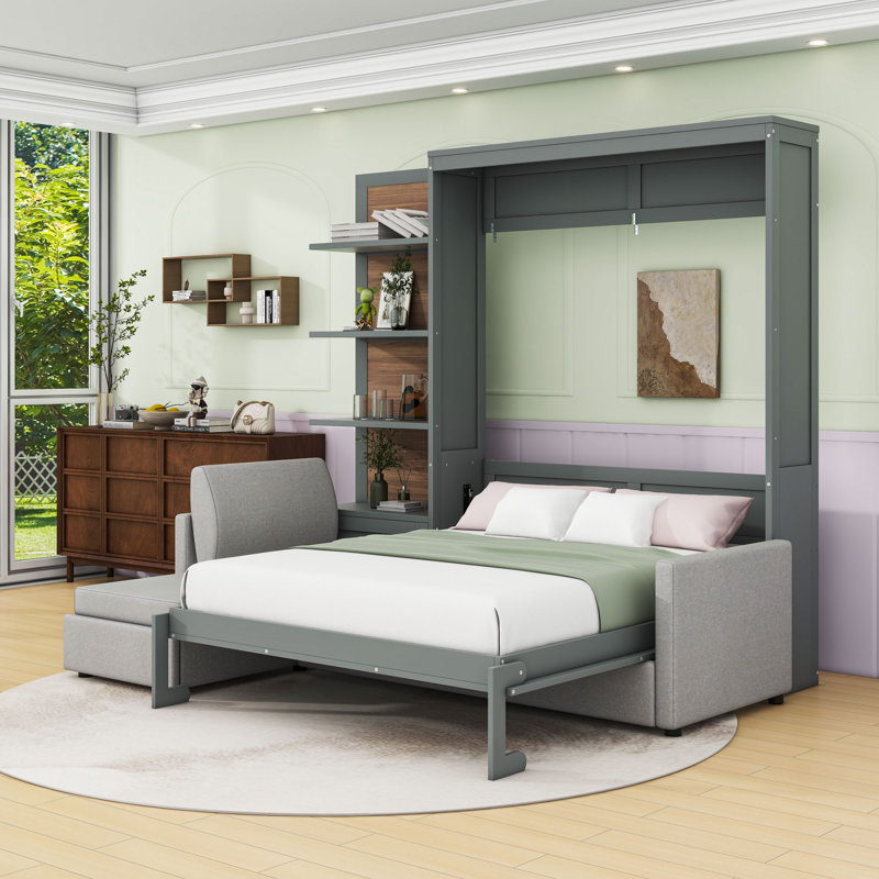 Grand lit escamotable en bois avec canapé et tablettes de rangement, Gris