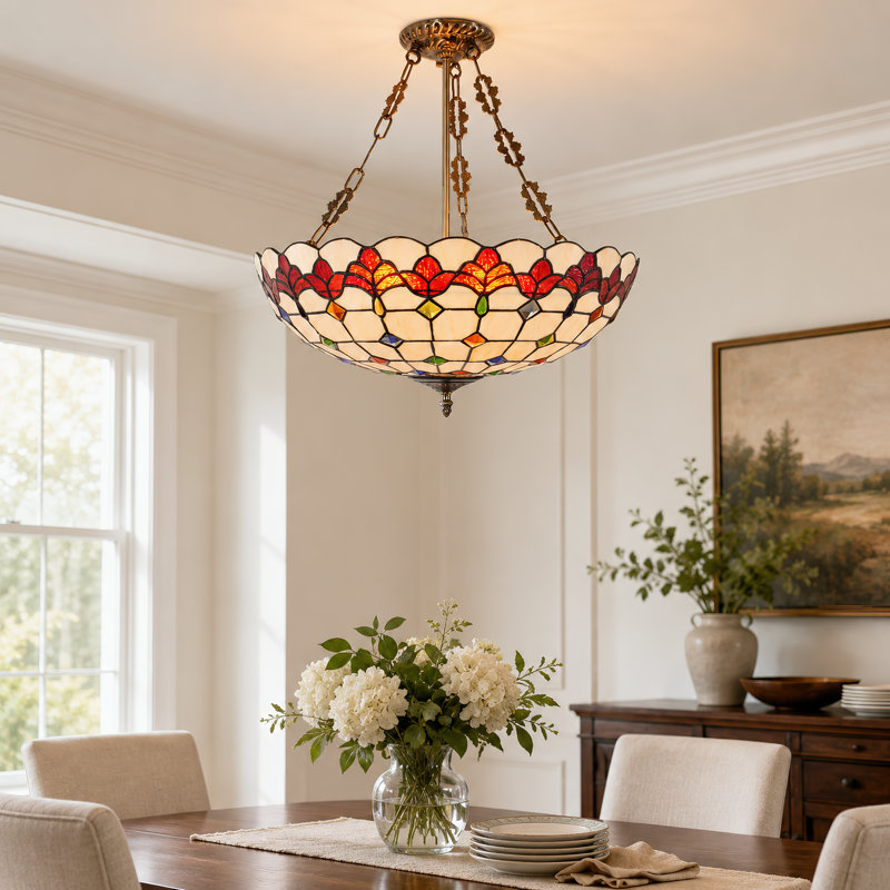 4-Light 19.7" Vintage Tiffany Stained Glass Pendant Light