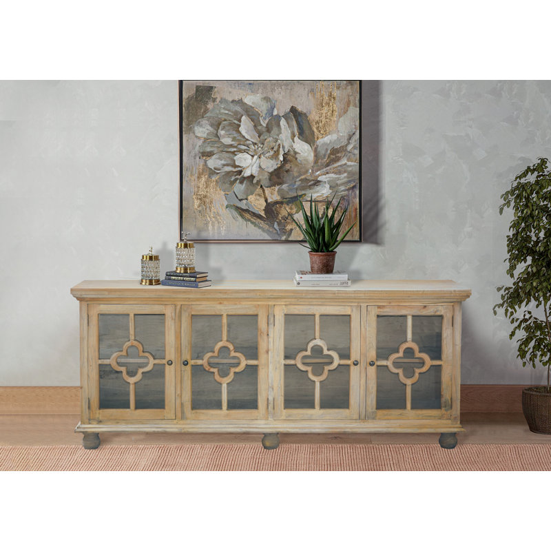Sunset 87'' Driftwood Brown Solid Mahogany Sideboard with Clover Glass Doors