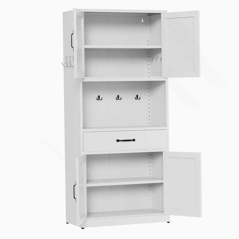 Armoire de rangement de 71 po de hauteur en acier blanc avec grand comptoir, tablettes réglables, tiroirs et crochets, armoire robuste de style moderne