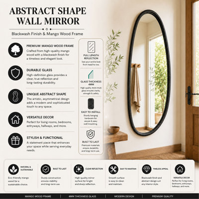 Miroir mural avec cadre en bois de manguier noir, 28 x 60 po