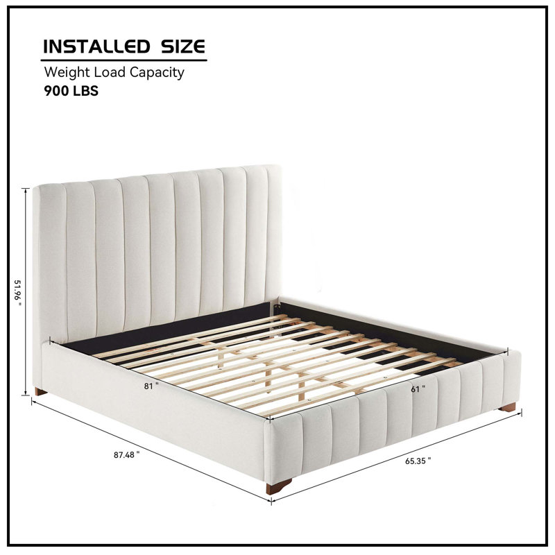 Modern Upholstered Platform Bed Frame With Headboard, White, Queen