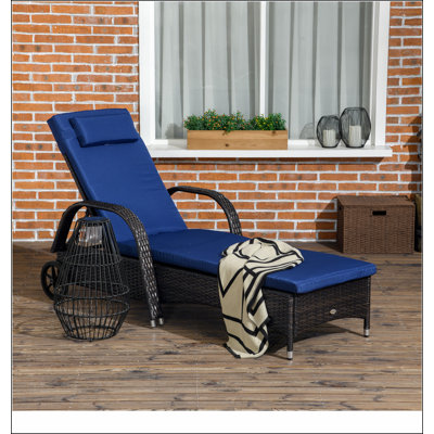 Outsunny Wicker Outdoor Chaise Lounge, 5-Level Adjustable Backrest PE Rattan Pool Lounge Chair with Wheels, Cushion & Headrest