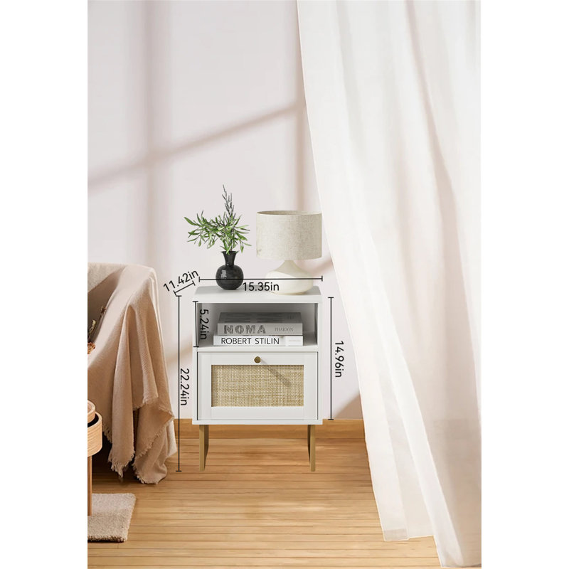 Bohemian Farmhouse Rattan Nightstand, White
