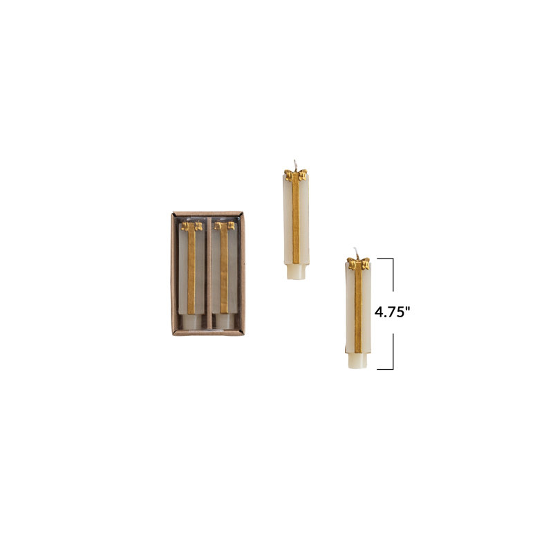 2-Piece Unscented Package Shaped Taper Candles In Box, Cream/Gold, 4.75” x 1.25” Taper