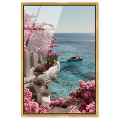 Bougainvillea Bay I, reproduction d'art acrylique encadrée Coastal Glam par Notoriart, cadre doré, H 31 po x l 21 po
