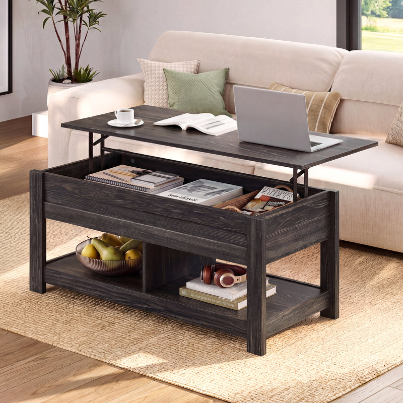 Sparta 47.3'' Lift Top Extendable Coffee Table With Hidden Storage & Open Shelf, Lift Top Coffee Table with Stable Legs, Square Living Room Table with Storage