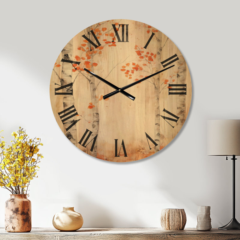 Forêt de bouleaux d'automne - Horloge murale ronde rustique crème, motif de bois, Large