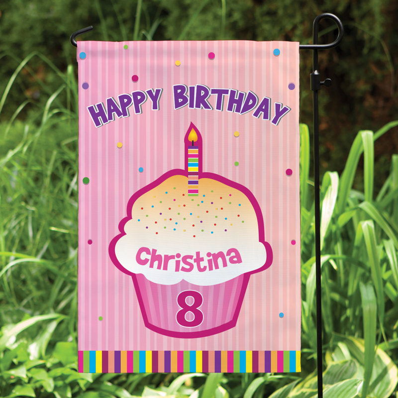 Drapeau de jardin personnalisé en polyester 18 x 12 po Mote Happy Birthday, Rose
