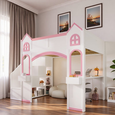Wood Castle Loft Bed With Storage Staircase, Desk, Shelves And Led Light