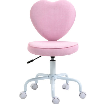 Chaise de bureau rose avec dossier en forme de cœur et hauteur réglable, siège pivotant à 360 degrés, siège rembourré en lin pour travailler en hauteur