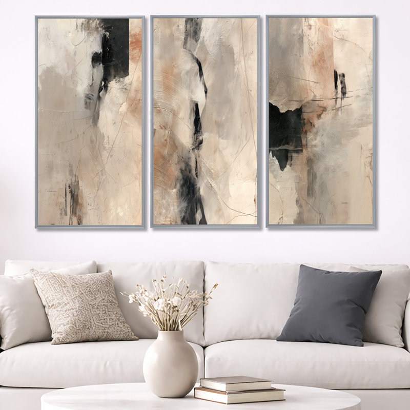 «Black and Grey Brushstroke», peinture abstraite I - impression abstraite sur toile à 3 panneaux, Silver Floater Framed