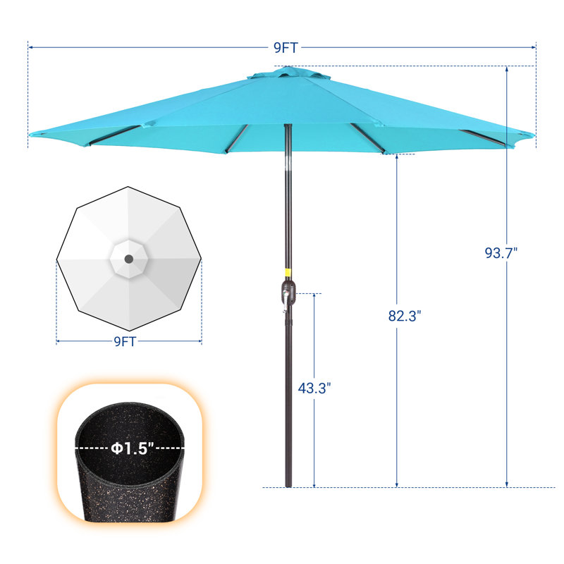 Parasol de table d'extérieur résistant aux intempéries 9 pi 9 pi pour bord de piscine, Bleu lac