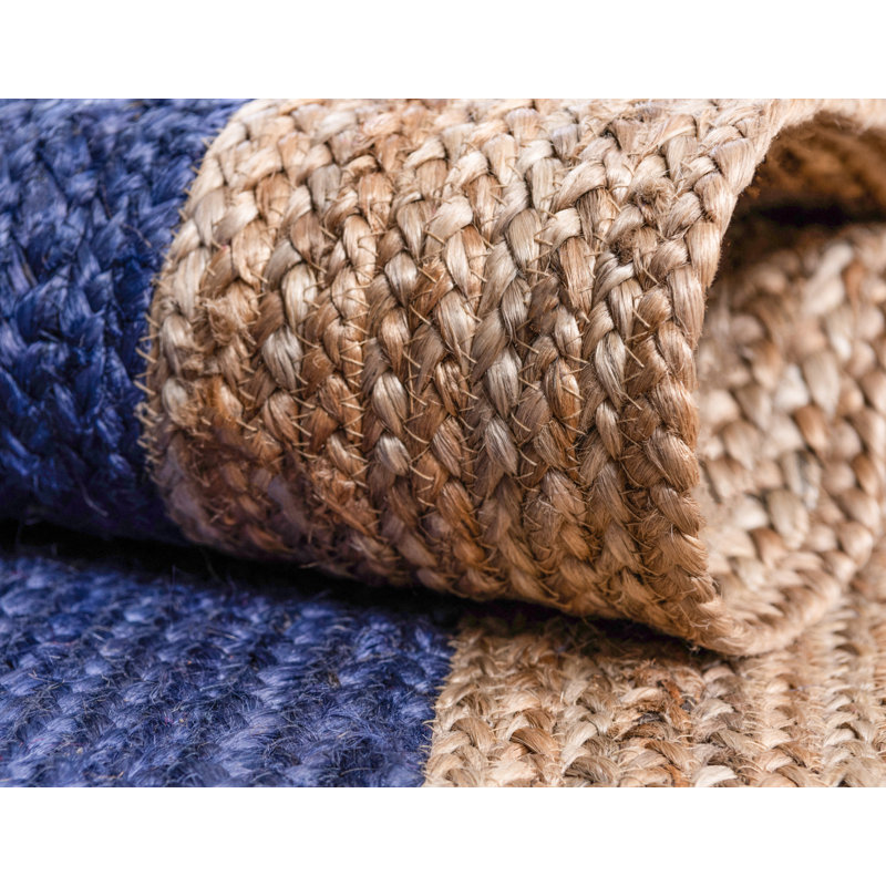 Tapis bleu marine / beige tressé à la main Vagharshage, Rond 8 pi