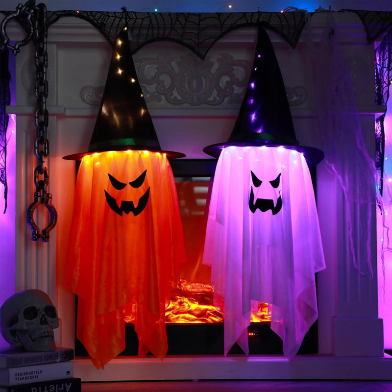 Décorations d'Halloween - 2 pièces d'ornements de chapeau de sorcière lumineux illuminés suspendus fantômes pour la fête d'Halloween intérieur / extérieur