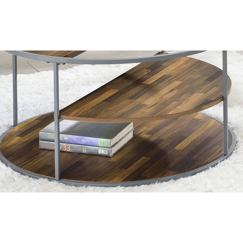 Table basse industrielle avec cadre à 3 niveaux gris et noyer, structure thermolaquée, assemblage sans effort de placage de papier grain de bois
