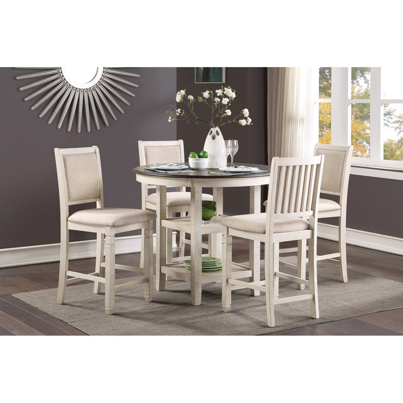 Table de salle à manger à hauteur de comptoir, brun et blanc antique, transitionnel, 2 tablettes, placage et bois d'ingénierie, sièges pour 4 tables, design transitionnel, 2 personnes