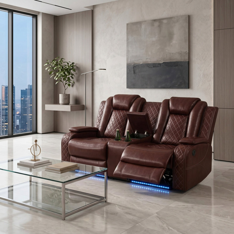 Lumora Brown  Vegan Leather  Reclining  Loveseat With Cup-Holders And LED Lights, Brown