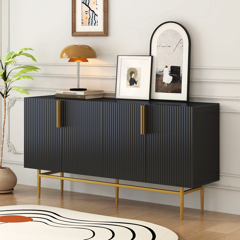 60" modern elegant 4-door sideboard gold metal handle buffet cabinet,buffet cabinet,office credenza Tolga, Noir