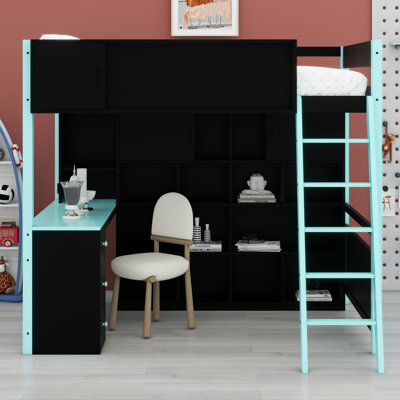 Lit mezzanine en bois avec bureau, grand espace de rangement et lumière