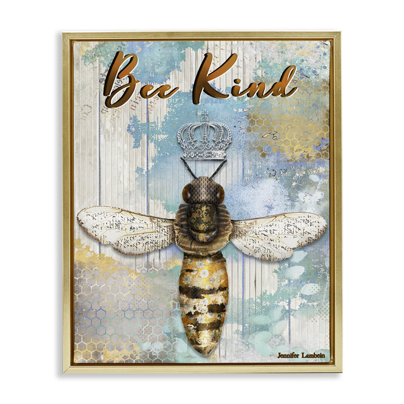 «Bee Kind Rustic Glam Grey», art mural sur toile flottante par Jennifer Lambein, Cadre flottant métallique doré