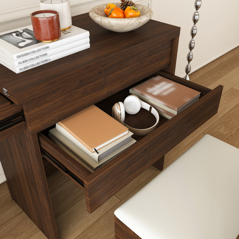 Bureau extensible multifonctionnel, bureau pliable de 119 cm, table de maquillage avec miroir, 3 modes d'utilisation, équipé d'un tabouret avec fonction de rangement, convient pour la chambre, l'appartement (Noyer)