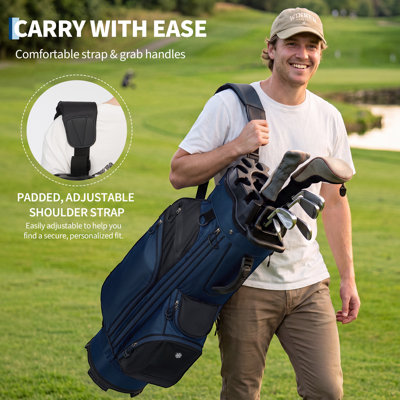Sac de golf trépied léger 14 compartiments avec séparateurs - poche isotherme et capuche de pluie - unisexe - Bleu marine + noir