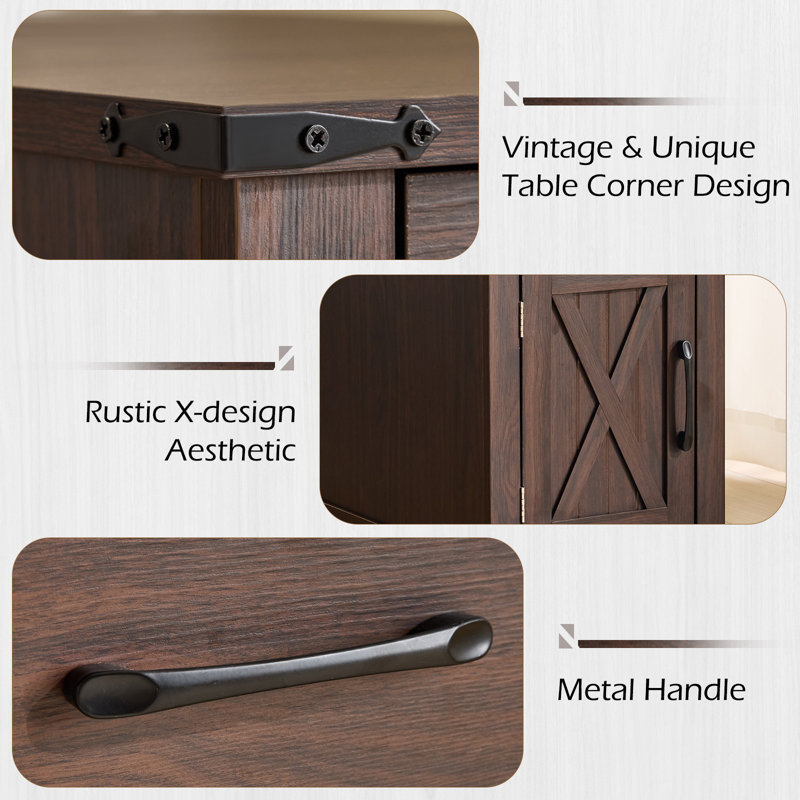  Table de bout Farmhouse avec station de charge - Table d'appoint étroite et table de chevet avec tiroir, armoire de rangement et tablette réglable, chocolat