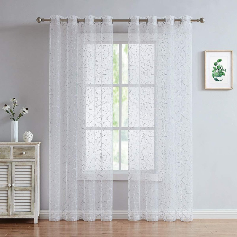 Chic Boho Sheer Embroidered Curtains With Beautiful Embroidery, 54" W x 96" L, Silver