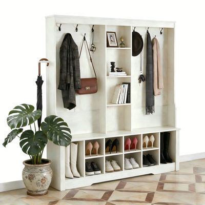 Arbre d'entrée avec banc et rangement pour chaussures, organisateur d'entrée 3 en 1 avec compartiments réglables et crochets